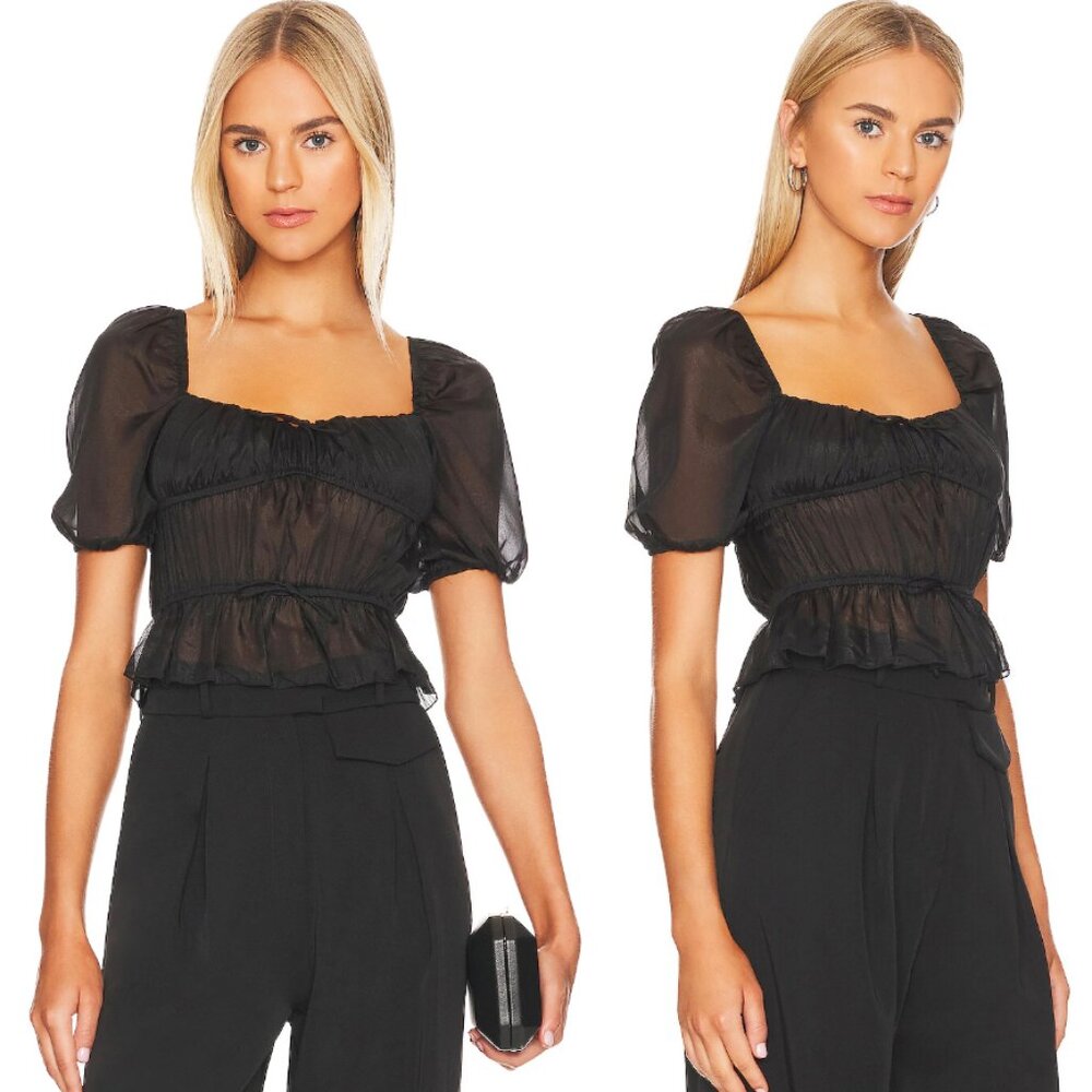 Sheer Puff Sleeve Black Peplum Blouse